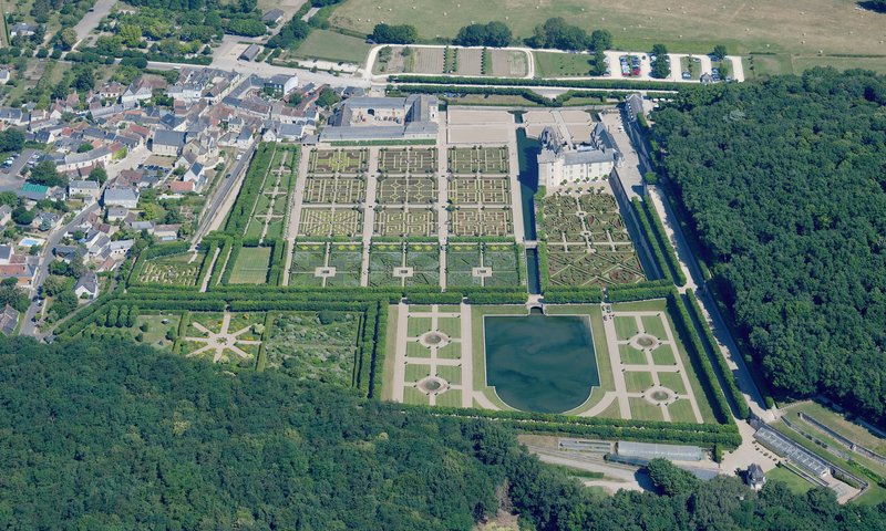 Aerial view of Château de Villandry and its geometric gardens