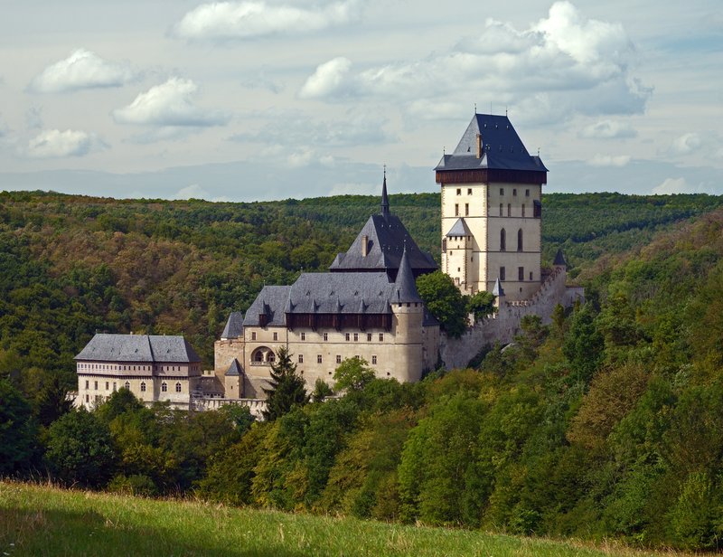 Karlštejn Castle on its hilltop in the Czech Republic