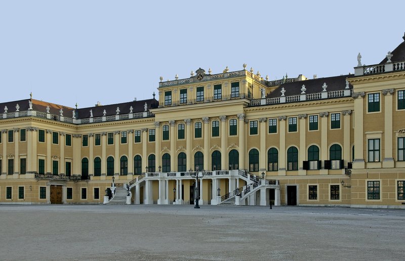 Schönbrunn Palace facade and gardens in Vienna