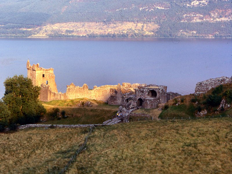 Ruined tower keep of Urquhart Castle beside Loch Ness