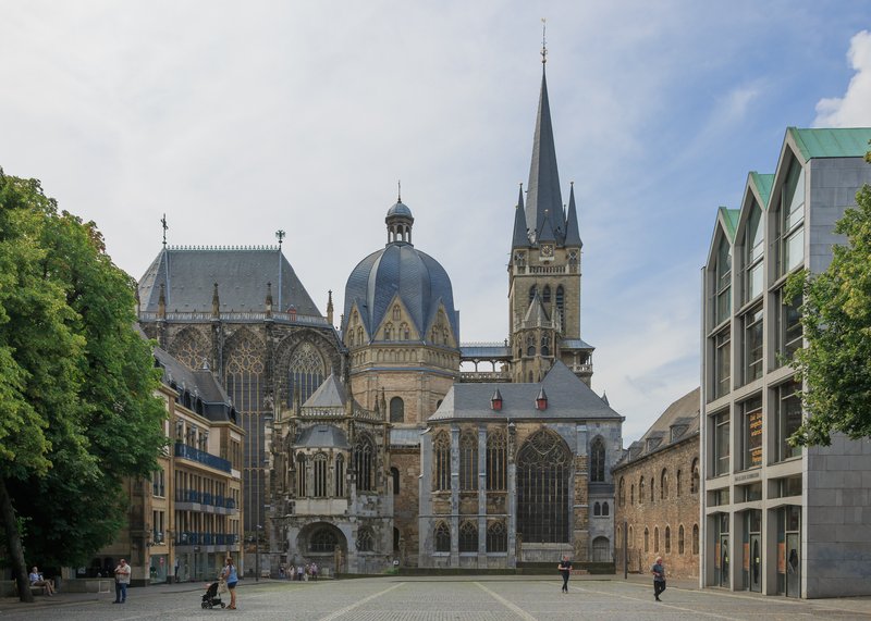 Aachen Cathedral exterior with octagonal dome and spire, Germany