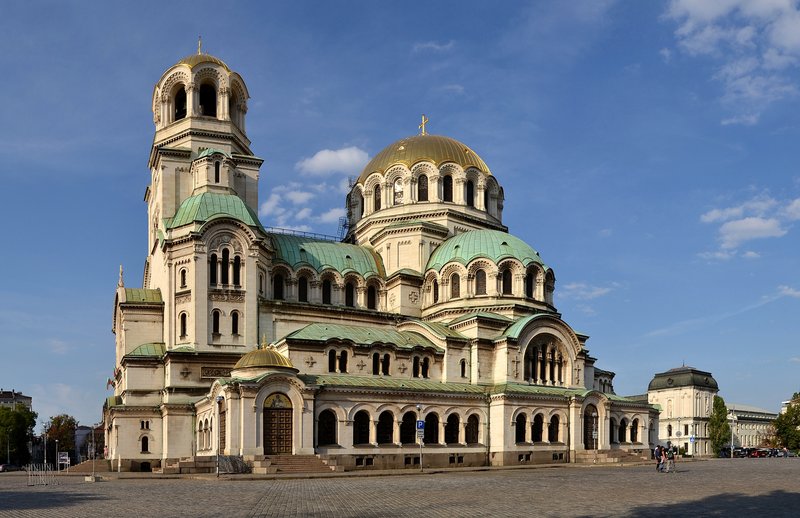 Alexander Nevsky Cathedral's gilded and green domes above Sofia's central square