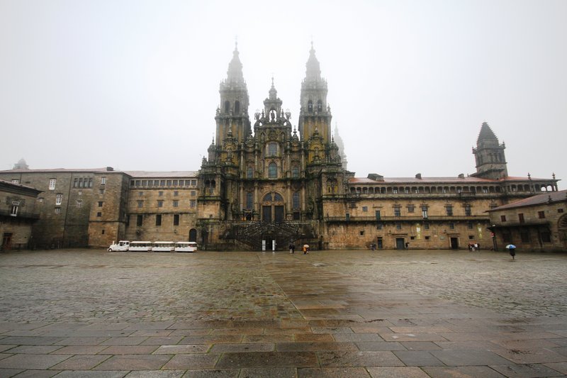 Obradoiro façade of Santiago de Compostela Cathedral in fog