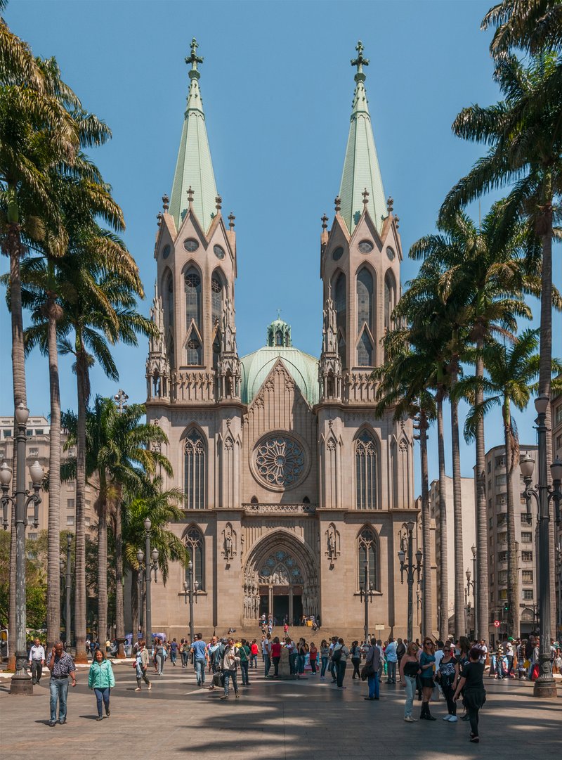 São Paulo Cathedral's Neo-Gothic twin towers rising above Praça da Sé, lined by palm trees