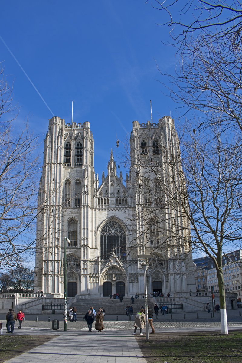 Cathedral of St. Michael and St. Gudula's twin Gothic towers in Brussels