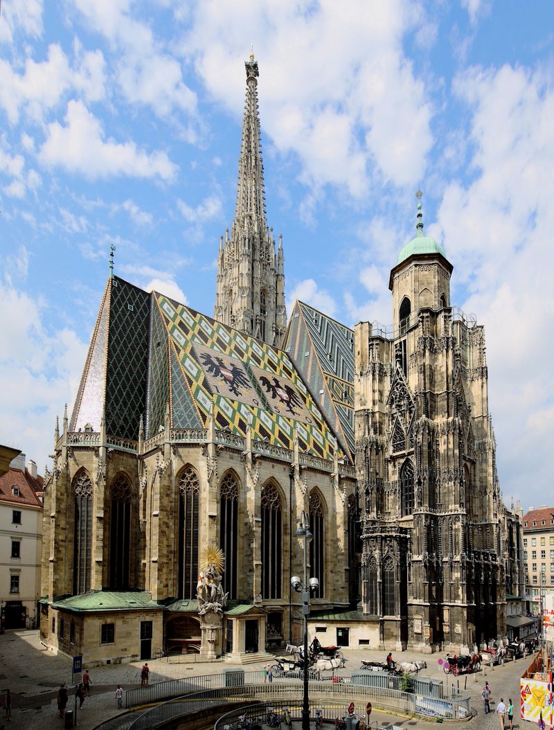 St. Stephen's Cathedral in Vienna, showing its patterned tiled roof and towering south spire