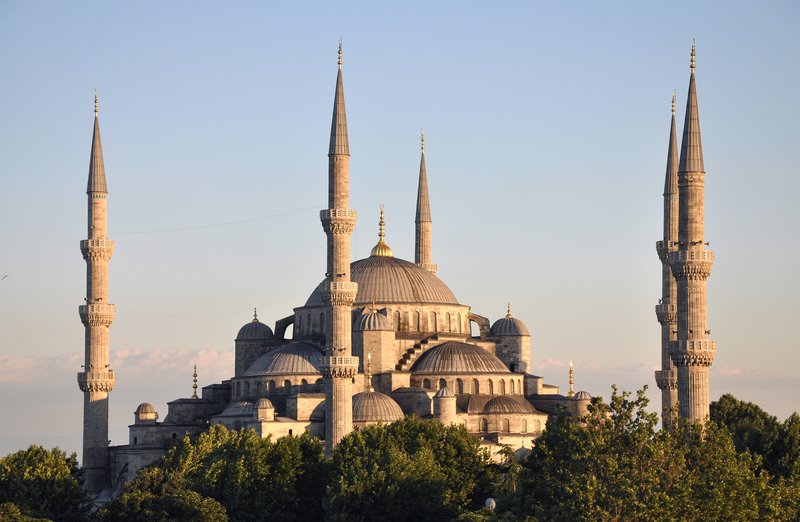 Sultan Ahmed Mosque exterior with its cascade of domes and minarets, Istanbul