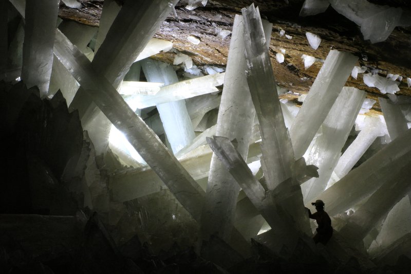 Giant selenite crystals inside the Cave of the Crystals at Naica