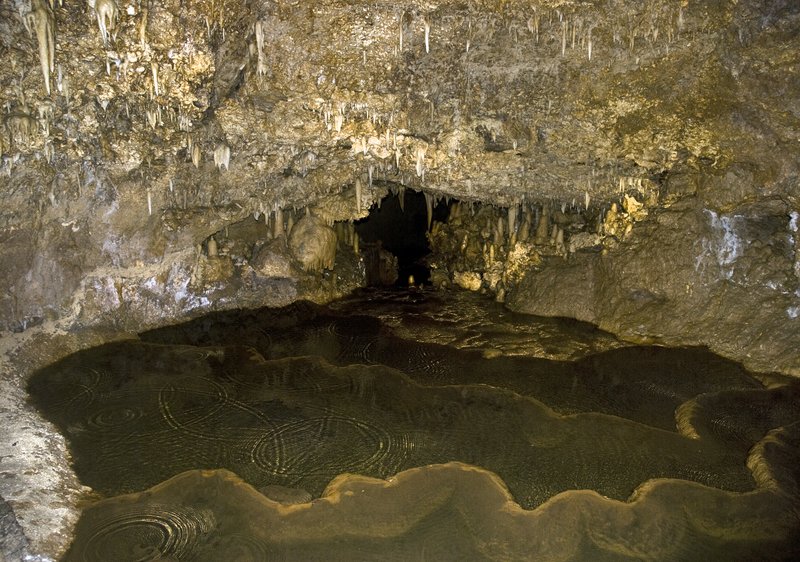 Flowstone columns and pools inside Harrison's Cave