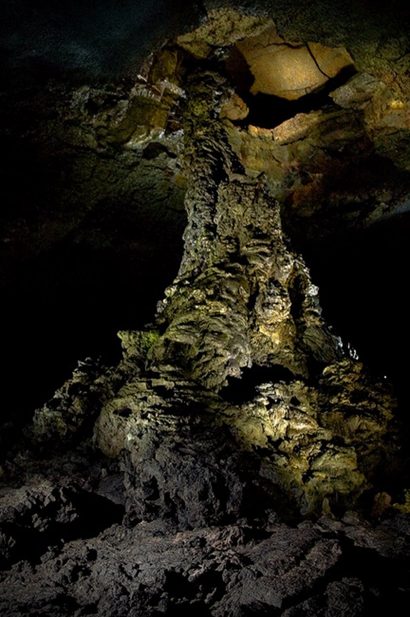 The tall basaltic lava column formation inside Manjanggul lava tube, Jeju Island