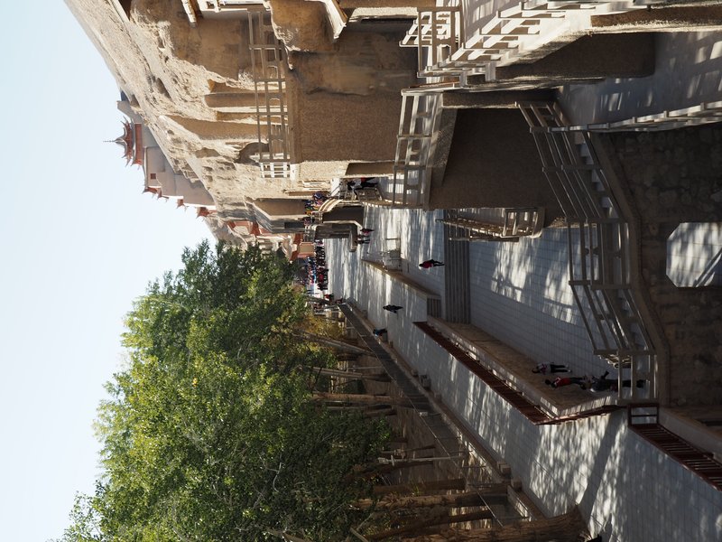 Cliff face and multi-story pavilions at the Mogao Caves