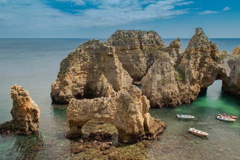 Golden sandstone sea stacks and grottoes at Ponta da Piedade, Lagos