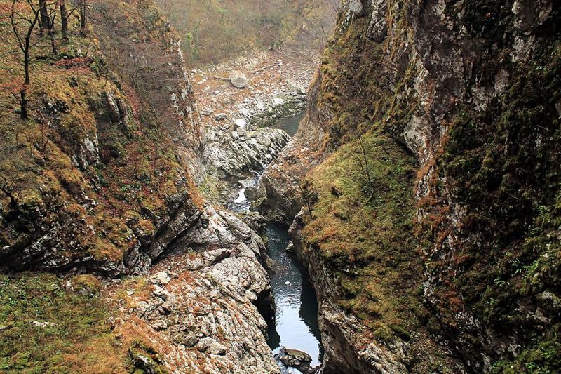 Deep river gorge cut through limestone at Škocjan Caves, Slovenia