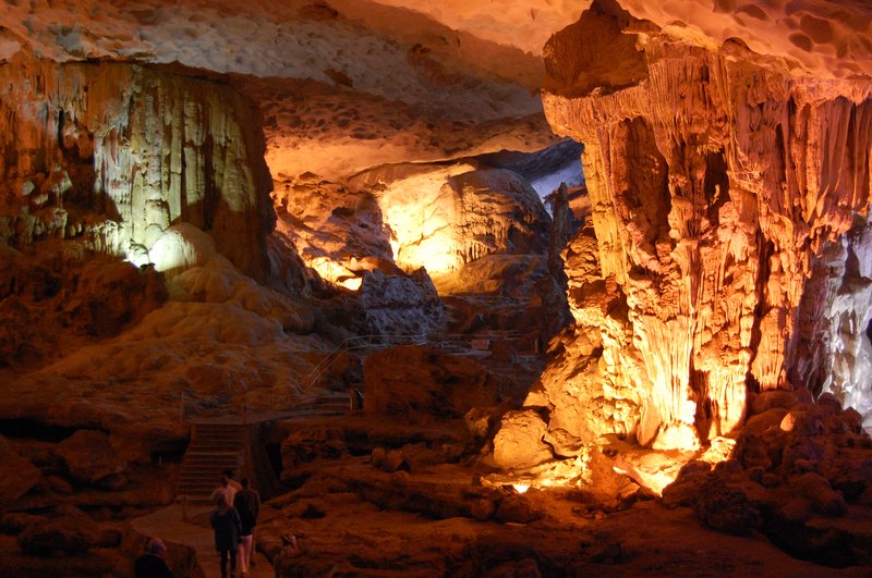 Illuminated stalactite chamber inside Sung Sot Cave, Ha Long Bay