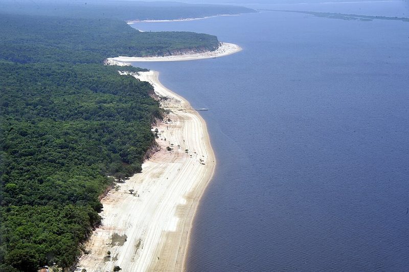 Aerial view of the blackwater Rio Negro in Amazonas, Brazil