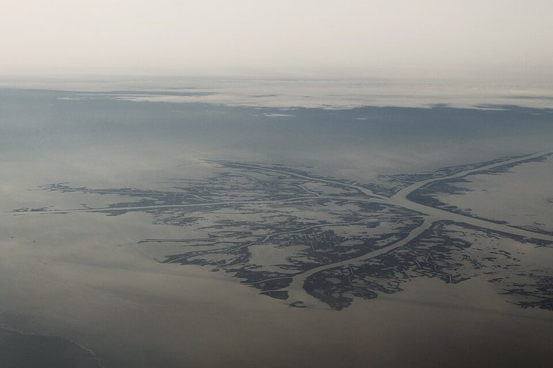 Aerial view of the Mississippi River delta marsh below Venice, Louisiana