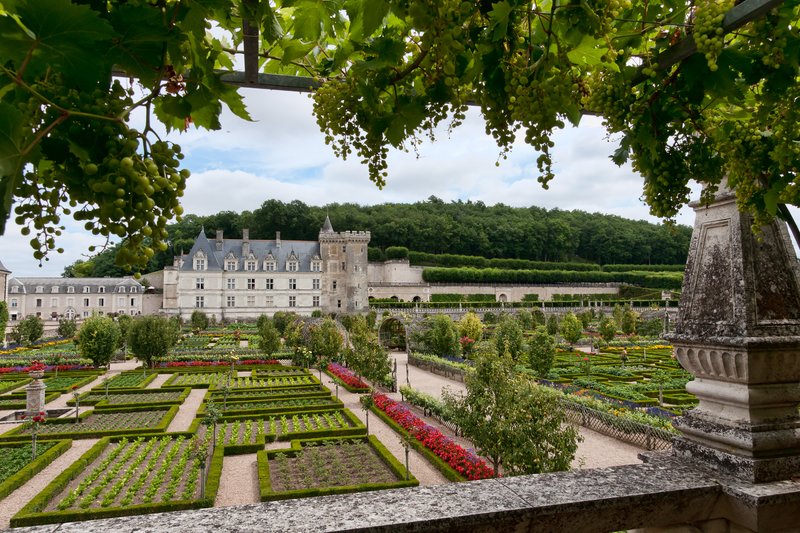 Aerial view of Château de Villandry and its geometric gardens