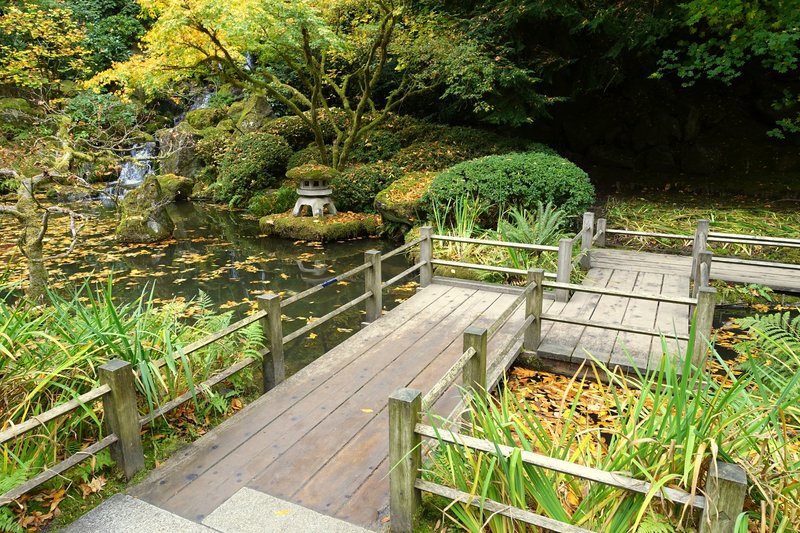 The zig-zag bridge at Portland Japanese Garden in Washington Park