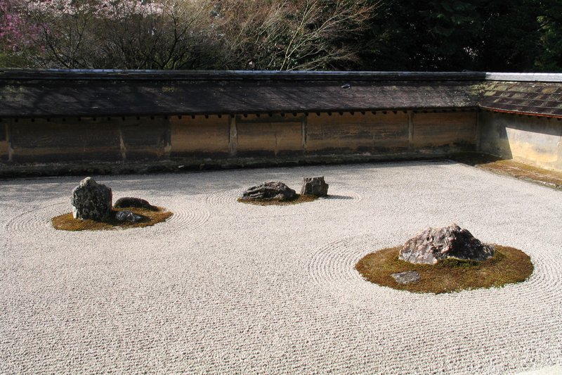 Raked gravel and stones of the Ryōan-ji rock garden, Kyoto