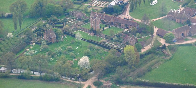 Aerial view of Sissinghurst Castle's tower and garden rooms