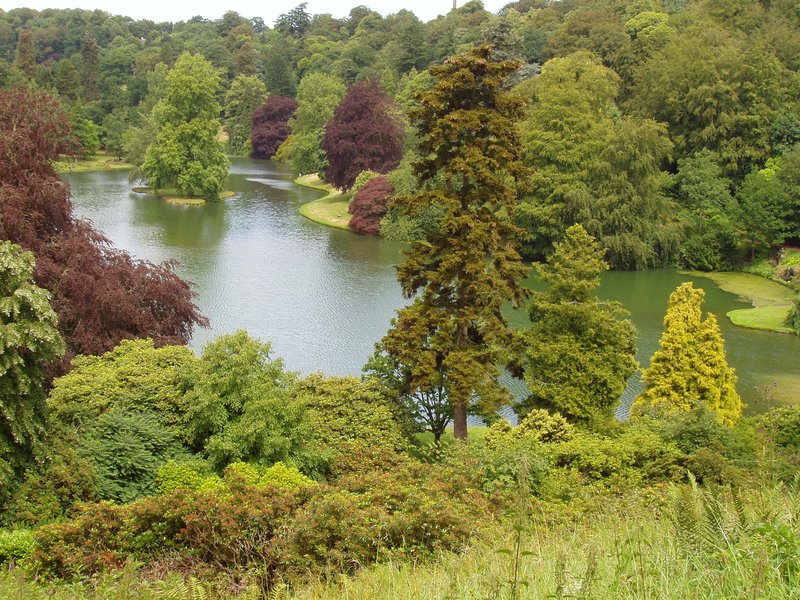 Stourhead landscape garden viewed from above, with its lake and classical temples
