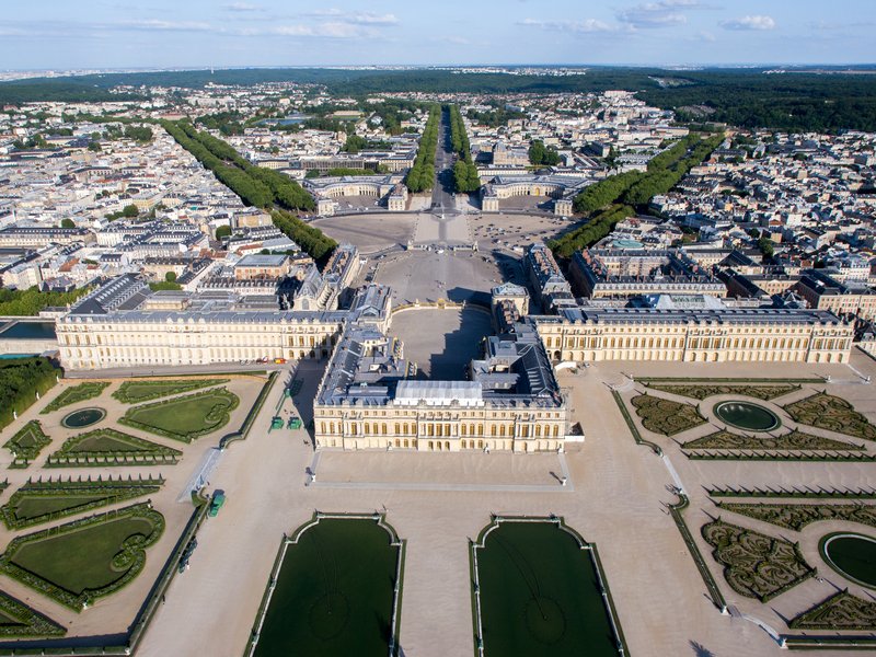 Aerial view of the formal gardens and palace of Versailles