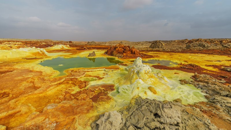 Sulfurous yellow and green acid pools and salt formations at Dallol in the Danakil Depression, Ethiopia