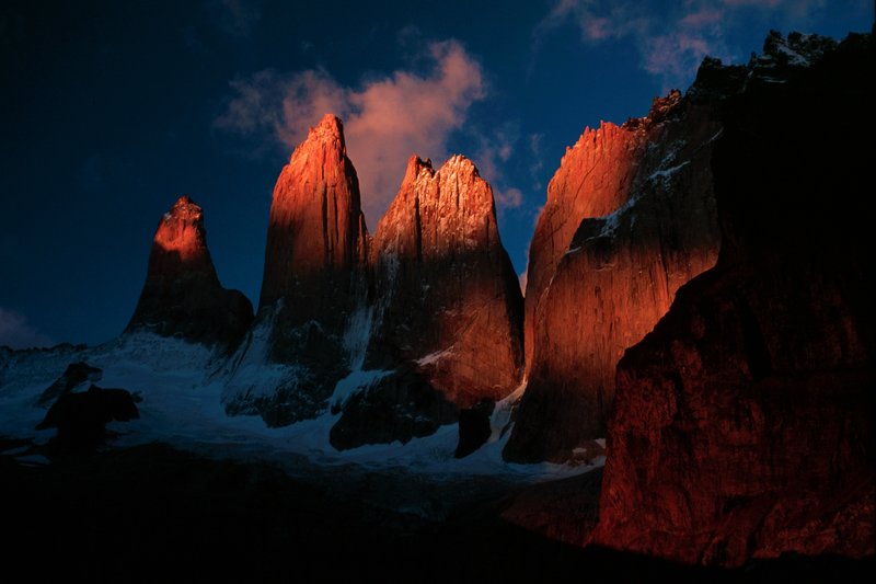 The three granite towers of Torres del Paine at sunrise