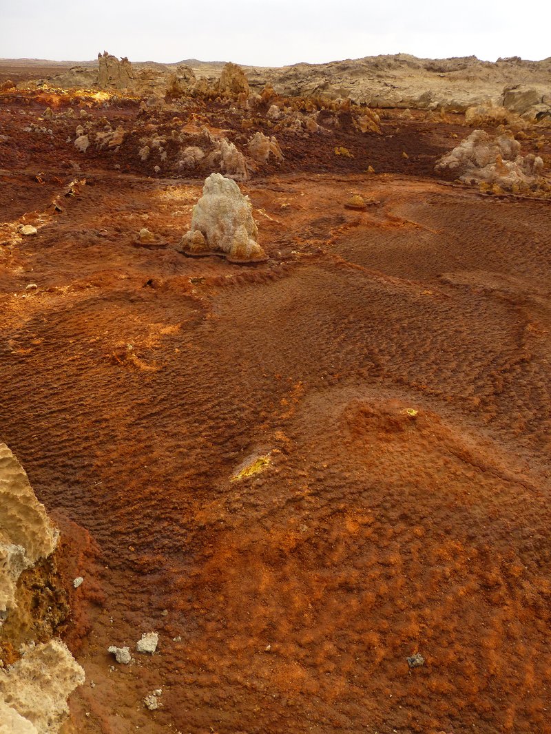 Vivid orange and yellow acid-terrace formations at Dallol in the Danakil Depression