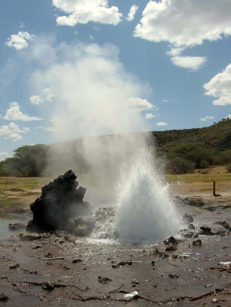 Geyser steaming along the shore of Lake Bogoria, Kenya