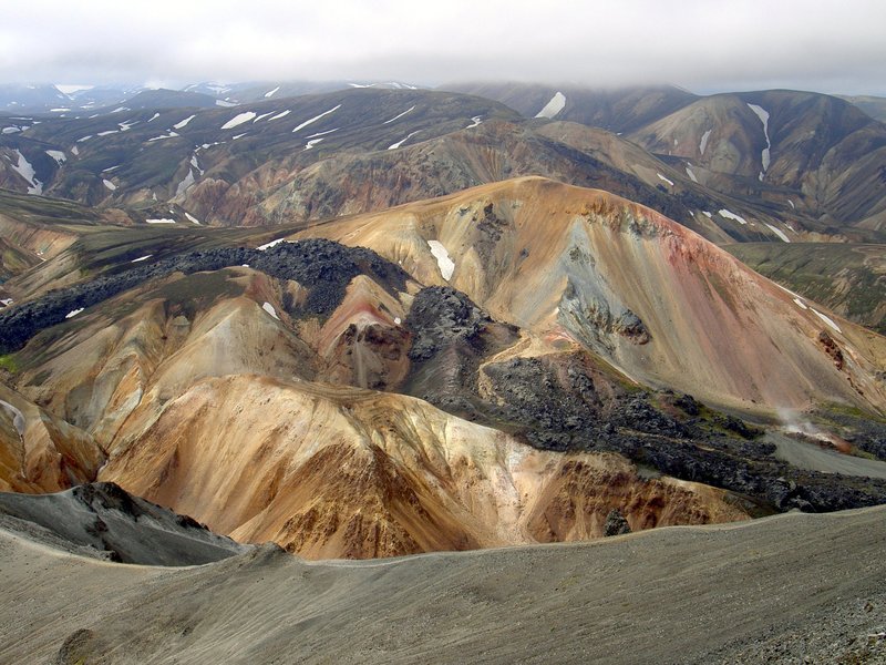 Rhyolite mountains in vivid mineral hues in the Landmannalaugar highlands