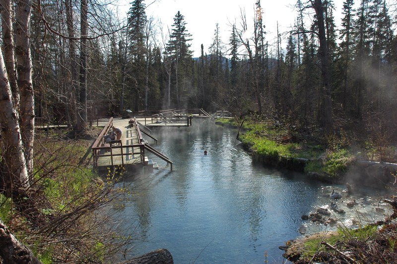 Boardwalk and steaming pool at Liard River Hot Springs