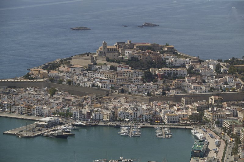 Aerial view of the walled old town of Dalt Vila above Ibiza harbor