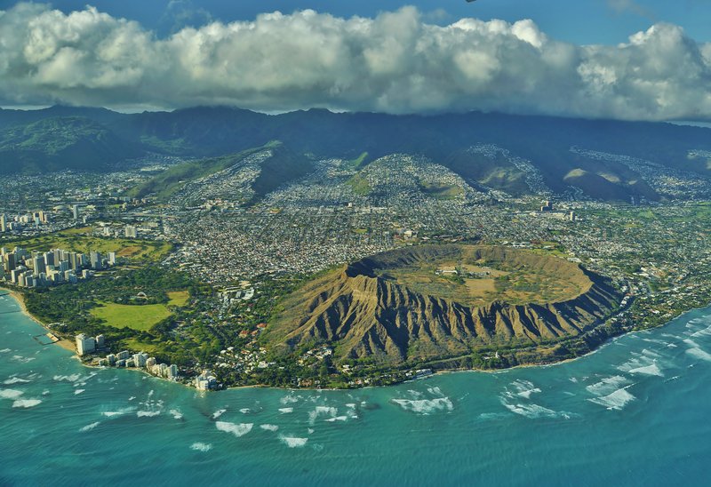 Aerial view of Diamond Head crater with Waikiki and Honolulu, Oahu