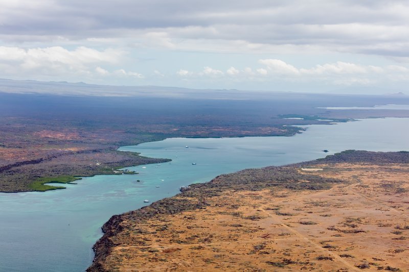 Aerial view of Baltra and Santa Cruz Islands in the Galápagos archipelago