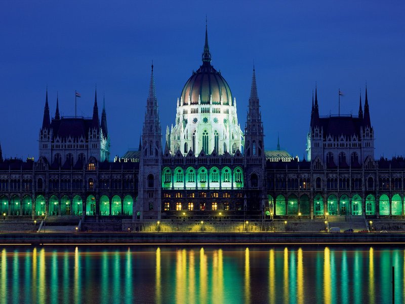 The Hungarian Parliament Building seen from across the Danube River
