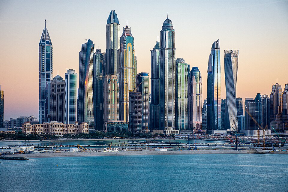 Dubai Marina skyline with skyscrapers reflected in the water