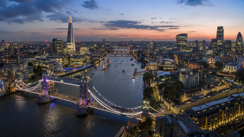 London skyline across the Thames with Tower Bridge and The Shard