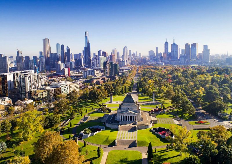 Melbourne city skyline with high-rise buildings viewed from across the water