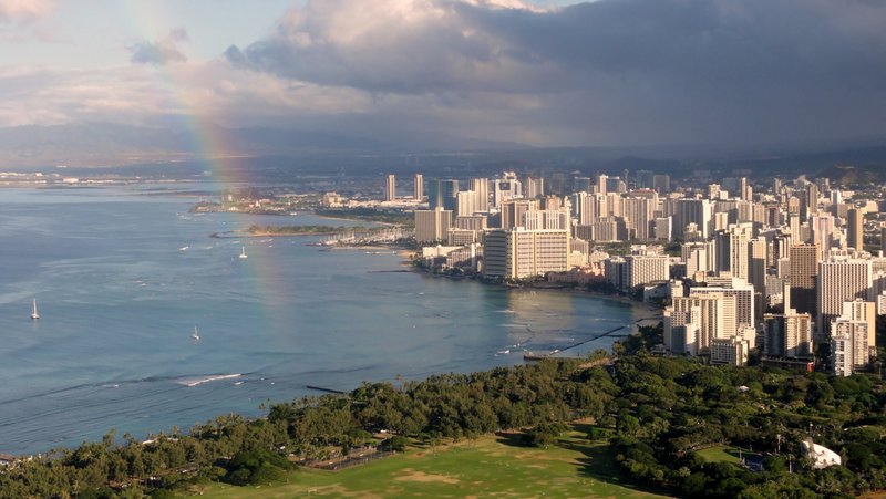 Wide view of Waikiki Beach and Honolulu skyline from Diamond Head