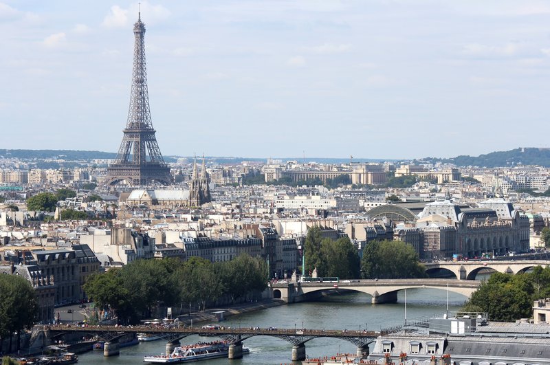 Paris skyline with the Seine and Eiffel Tower seen from Tour Saint Jacques