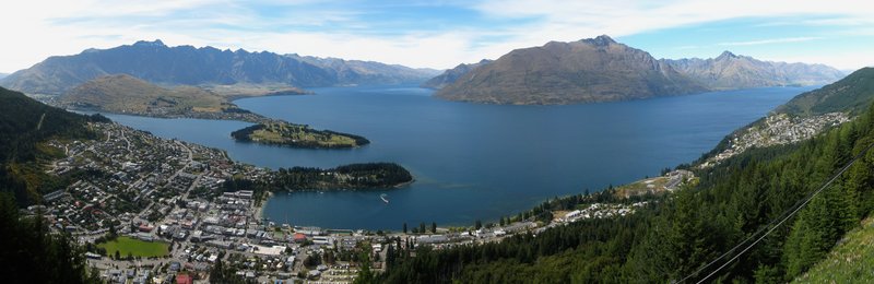 Panoramic view of Lake Wakatipu and the Remarkables mountain range from the Queenstown Skyline gondola