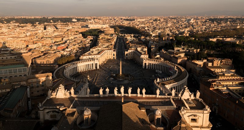 Wide panoramic view of the Rome skyline from St Peter's Basilica