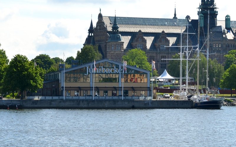 Junibacken's waterfront building on Djurgården island with the Nordic Museum behind it, Stockholm