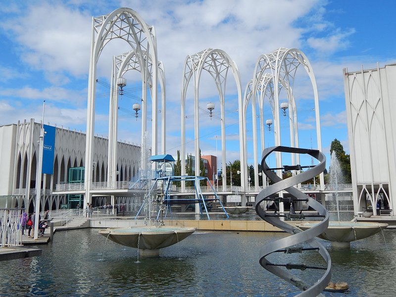 The iconic Gothic arches of Pacific Science Center at Seattle Center, built for the 1962 World's Fair