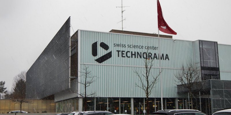 Exterior of the Swiss Science Center Technorama building with its rooftop signage, Winterthur