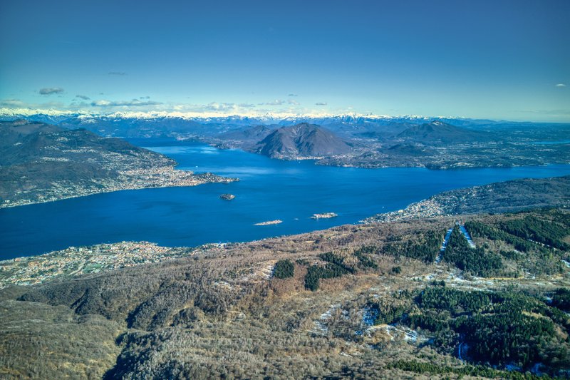 Aerial view of Lake Maggiore and the Borromean Islands, Italy