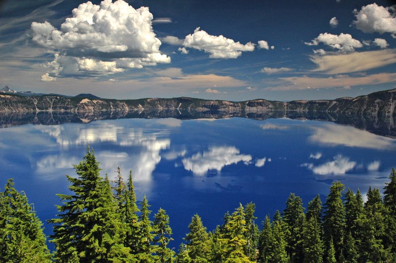 Deep blue water of Crater Lake filling the Mount Mazama caldera