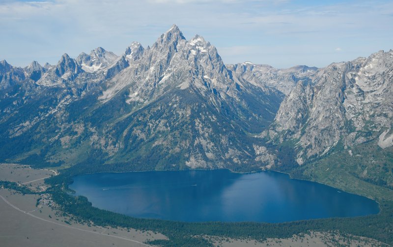 Aerial view of Jenny Lake below the Teton Range