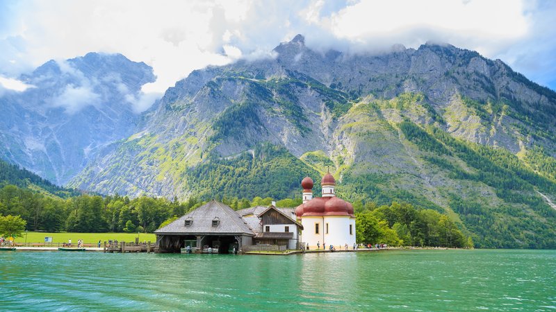 Königssee alpine lake with the St. Bartholomä pilgrimage chapel on its shore, Berchtesgaden, Germany